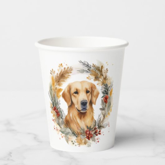Gouden Retriever Kerstkrans Feestelijke Pup Papieren Bekers (Voorkant)