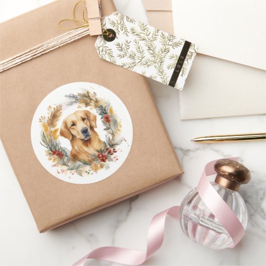 Gouden Retriever Kerstkrans Feestelijke Pup Ronde Sticker (Geschenken)