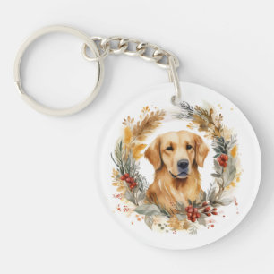 Gouden Retriever Kerstkrans Feestelijke Pup Sleutelhanger