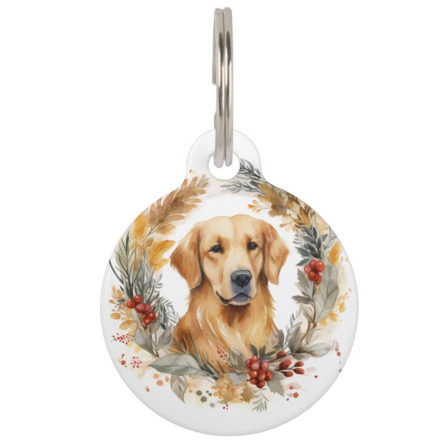 Gouden Retriever Kerstkrans Festieve Pup Huisdierpenning (Voorkant)