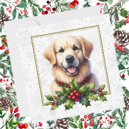 Gouden Retriever Kerstmis Holly Sneeuwvlokken Feestdagenkaart