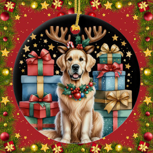 Gouden Retriever Kerstmis rendieren gewei geschenk Keramisch Ornament