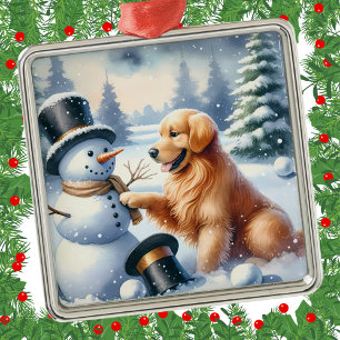 Gouden Retriever Kerstmis Sneeuwman Vakantie Metalen Ornament