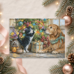 Gouden Retriever Kitten Kerstboom Feestdagenkaart