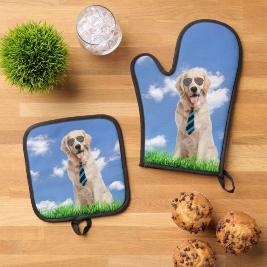 Gouden Retriever met Aviator zonnebril Ovenwant & Pannenlap Set (Top down)