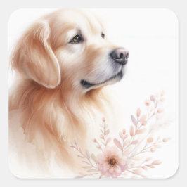 Gouden Retriever Met Bloemen Aquarel Vierkante Sticker