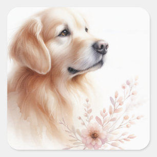 Gouden Retriever Met Bloemen Aquarel Vierkante Sticker