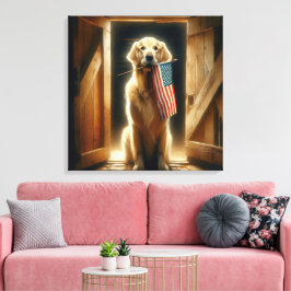 Gouden Retriever met een Amerikaanse vlag Canvas Afdruk