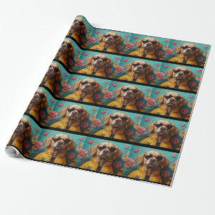 Gouden Retriever Met Hartrozen Valentijnsdag Cadeaupapier