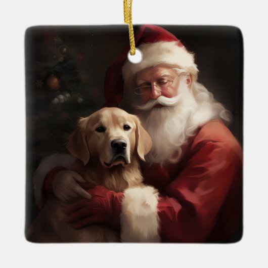 Gouden Retriever met Kerstman Kerstmis Keramisch Ornament (Voorkant)