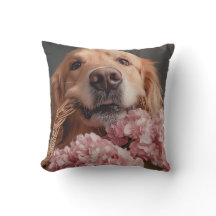 Gouden retriever met mand van roze hortensia's