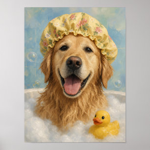 Gouden Retriever Muur Kunst — Bad Tijd Bubbelbad Poster