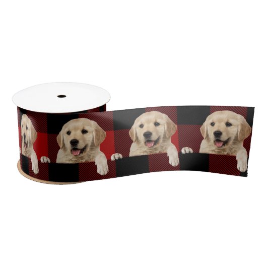 Gouden Retriever op Buffalo Plaid Satijnen Lint (Spoel)
