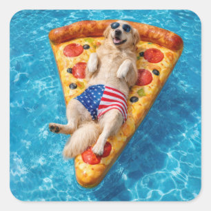 Gouden Retriever op een Pizza Luchtbed Vierkante Sticker