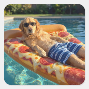 Gouden Retriever op een Zwembadring in de Vorm van Vierkante Sticker