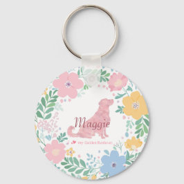 Gouden Retriever Pastel Roze Bloemenkrans Sleutelhanger
