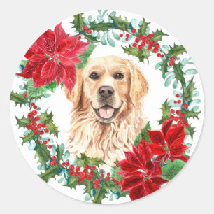 Gouden Retriever Poinsettia Hulst Kerstkrans Ronde Sticker