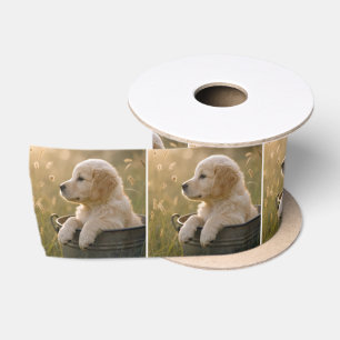 Gouden Retriever Pup in een Metalen Emmer Satijnen Lint