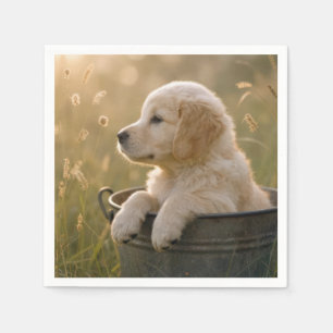 Gouden Retriever Pup in een Metalen Emmer Servet