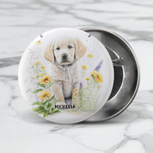 Gouden Retriever Puppy en Bloemen Monogram Naam Ronde Button 3,2 Cm