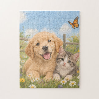 Gouden Retriever Puppy en Tabby Kitten Legpuzzel