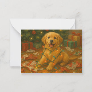 Gouden Retriever Puppy in Kerstverlichting Kaart Notitiekaartje