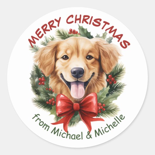 Gouden Retriever Puppy Kerstmis Rode Boog Krans Ronde Sticker (Voorkant)