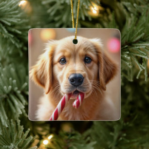 Gouden Retriever Puppy Met een Suikerstok Keramisch Ornament