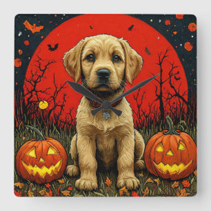 Gouden Retriever Puppy Met Halloween Pompoenen Vierkante Klok