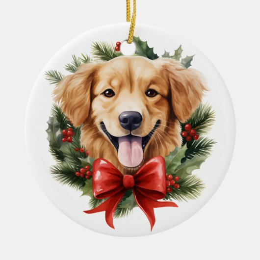 Gouden Retriever Puppy Rode Bow Krans Kerstmis Keramisch Ornament (Voorkant)