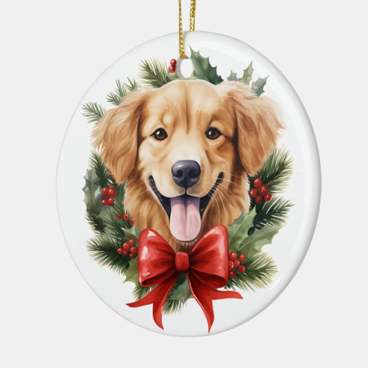 Gouden Retriever Puppy Rode Bow Krans Kerstmis Keramisch Ornament (Links)