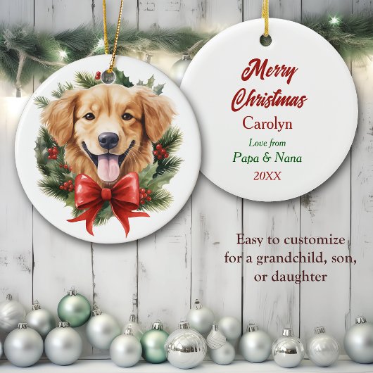 Gouden Retriever Puppy Rode Bow Krans Kerstmis Keramisch Ornament