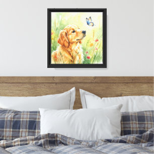 Gouden Retriever Puppy & Vlinder Watercolor Kunst Canvas Afdruk