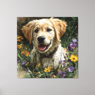 Gouden Retriever Puppy Weide met Wilde Bloemen Vre Canvas Afdruk