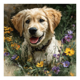 Gouden Retriever Puppy Weide met Wilde Bloemen Vre Foto Afdruk