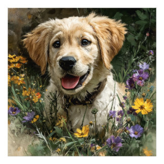 Gouden Retriever Puppy Weide met Wilde Bloemen Vre Foto Afdruk