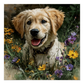 Gouden Retriever Puppy Weide met Wilde Bloemen Vre Perfect Poster
