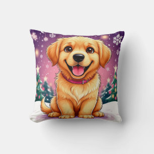 Gouden Retriever Puppy Zit In Kerstsneeuw Kussen
