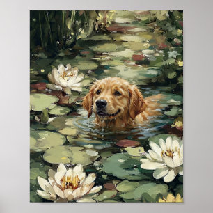 Gouden Retriever Puppy Zwemt Waterlelie Vijver Wa Poster