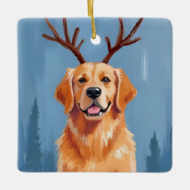 Gouden Retriever Rendier Geweien | Kerstmis Keramisch Ornament