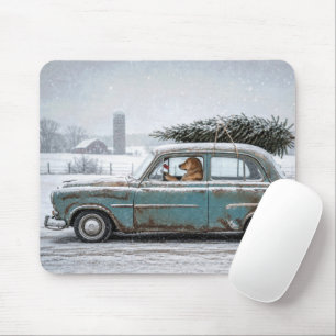 Gouden Retriever rijdt Retro Auto met Pijnboom Muismat