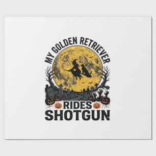 Gouden Retriever Rijdt Schotshot Halloween Heksenk Cadeaupapier