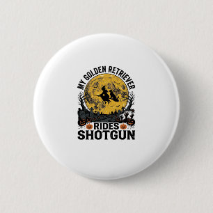 Gouden Retriever Rijdt Schotshot Halloween Heksenk Ronde Button 5,7 Cm
