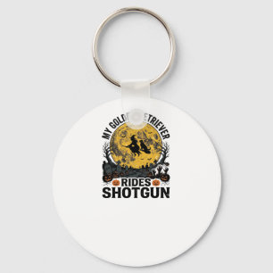 Gouden Retriever Rijdt Schotshot Halloween Heksenk Sleutelhanger