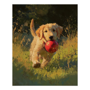 Gouden Retriever Rode Bal Veld Speel Kunst Perfect Poster