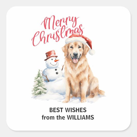GOUDEN RETRIEVER SNEEUW VROLIJKE KERSTMIS AANGEPAS VIERKANTE STICKER (Voorkant)