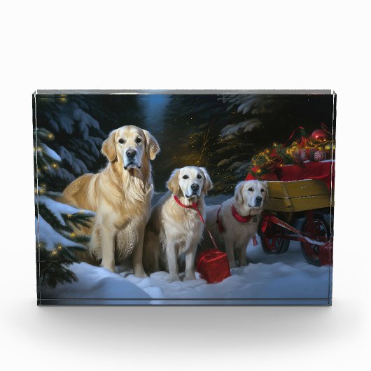 Gouden Retriever Sneeuwslee Kerst Decor Fotoblokken (Voorkant)