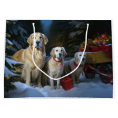 Gouden Retriever Sneeuwslee Kerst Decor Groot Cadeauzakje (Voorkant)