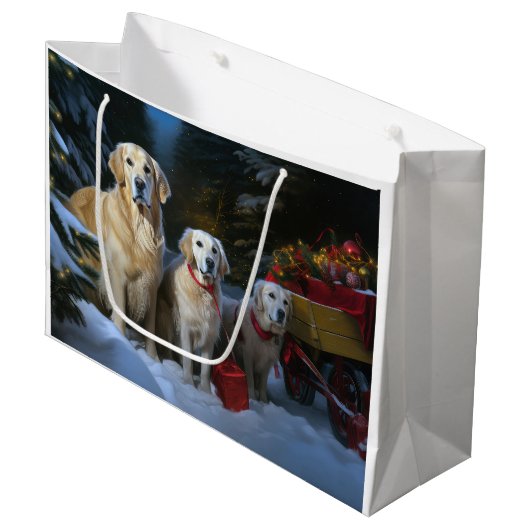 Gouden Retriever Sneeuwslee Kerst Decor Groot Cadeauzakje (Voorkant Gekanteld)