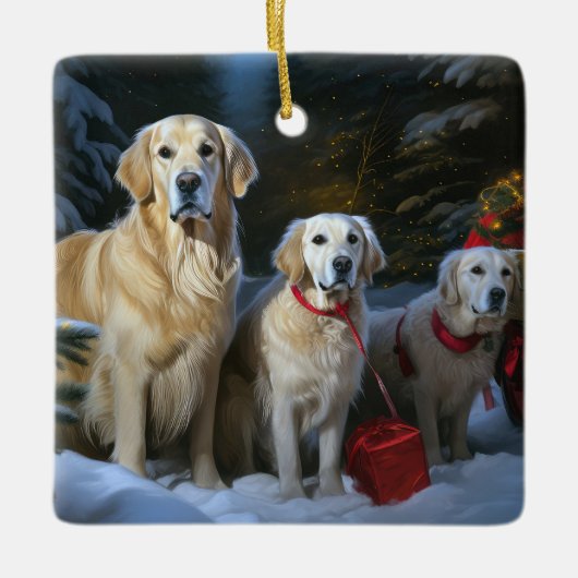 Gouden Retriever Sneeuwslee Kerst Decor Keramisch Ornament (Voorkant)